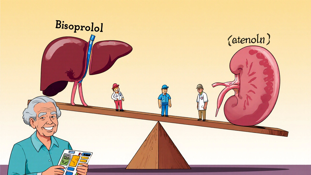 A balanced seesaw showing bisoprolol’s dual elimination compared to liver- or kidney-dependent beta-blockers.