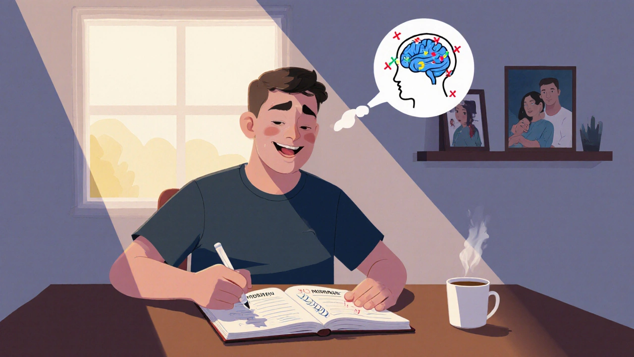 A veteran smiles at his sleep journal as morning light fills the kitchen.