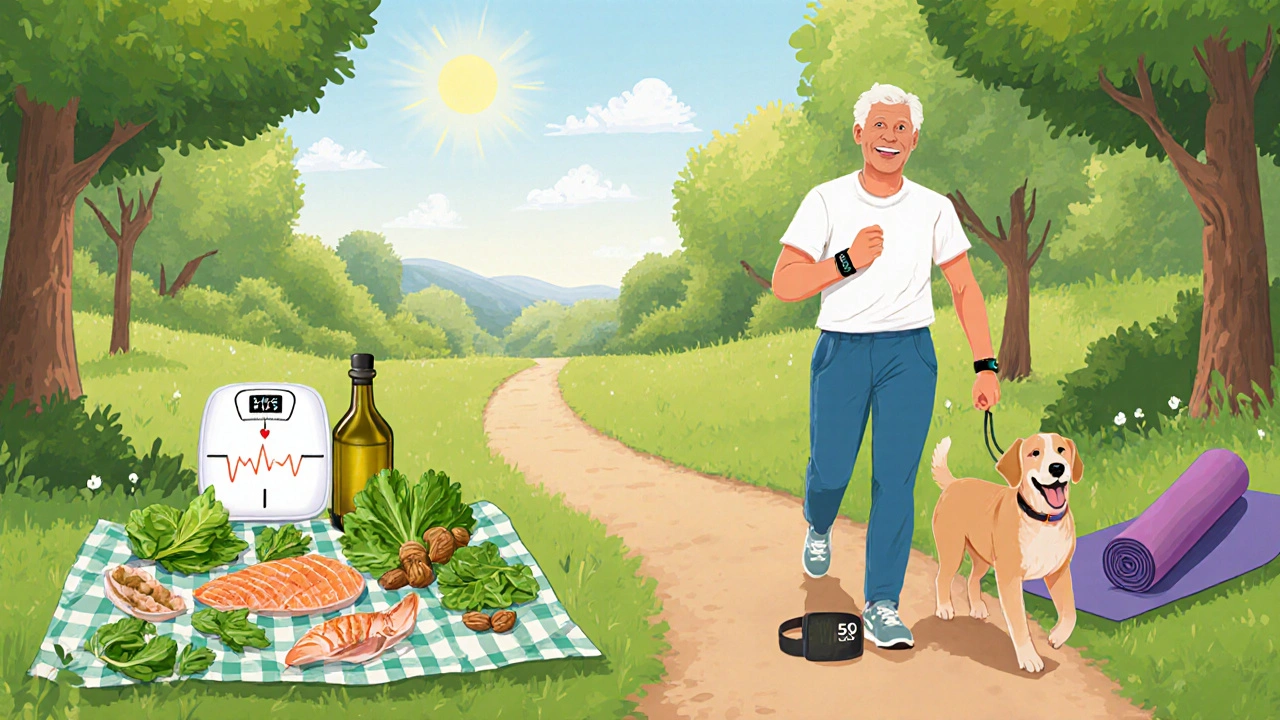 Active adult walking with ECG band, surrounded by Mediterranean foods and yoga.