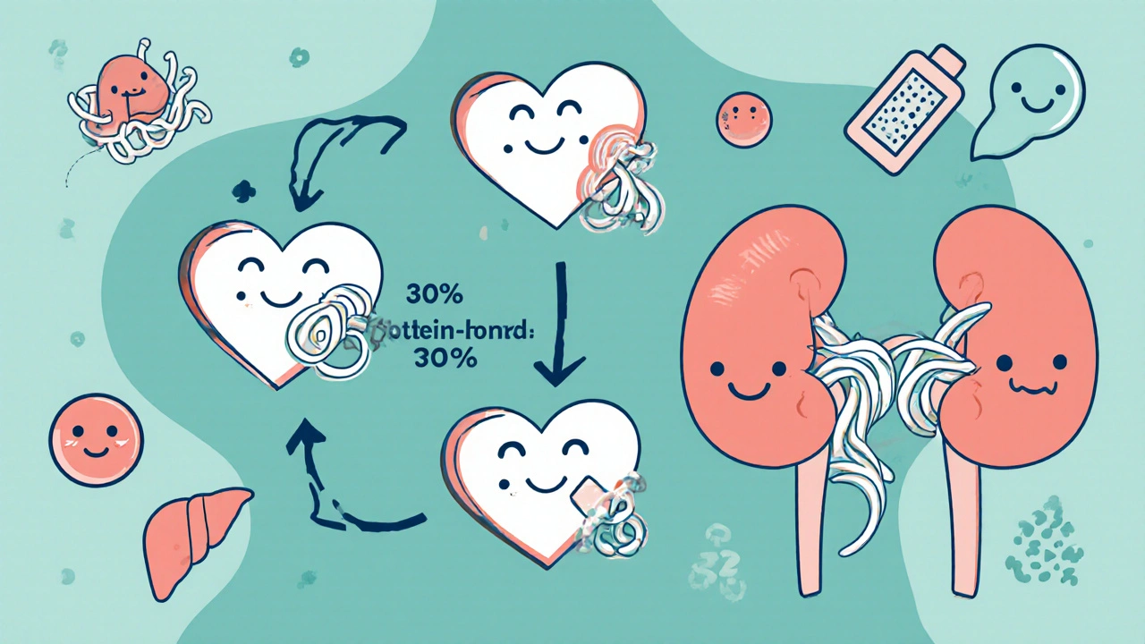 Bisoprolol molecules moving through blood, half going to liver and half to kidneys, with other drugs shown struggling in organs.