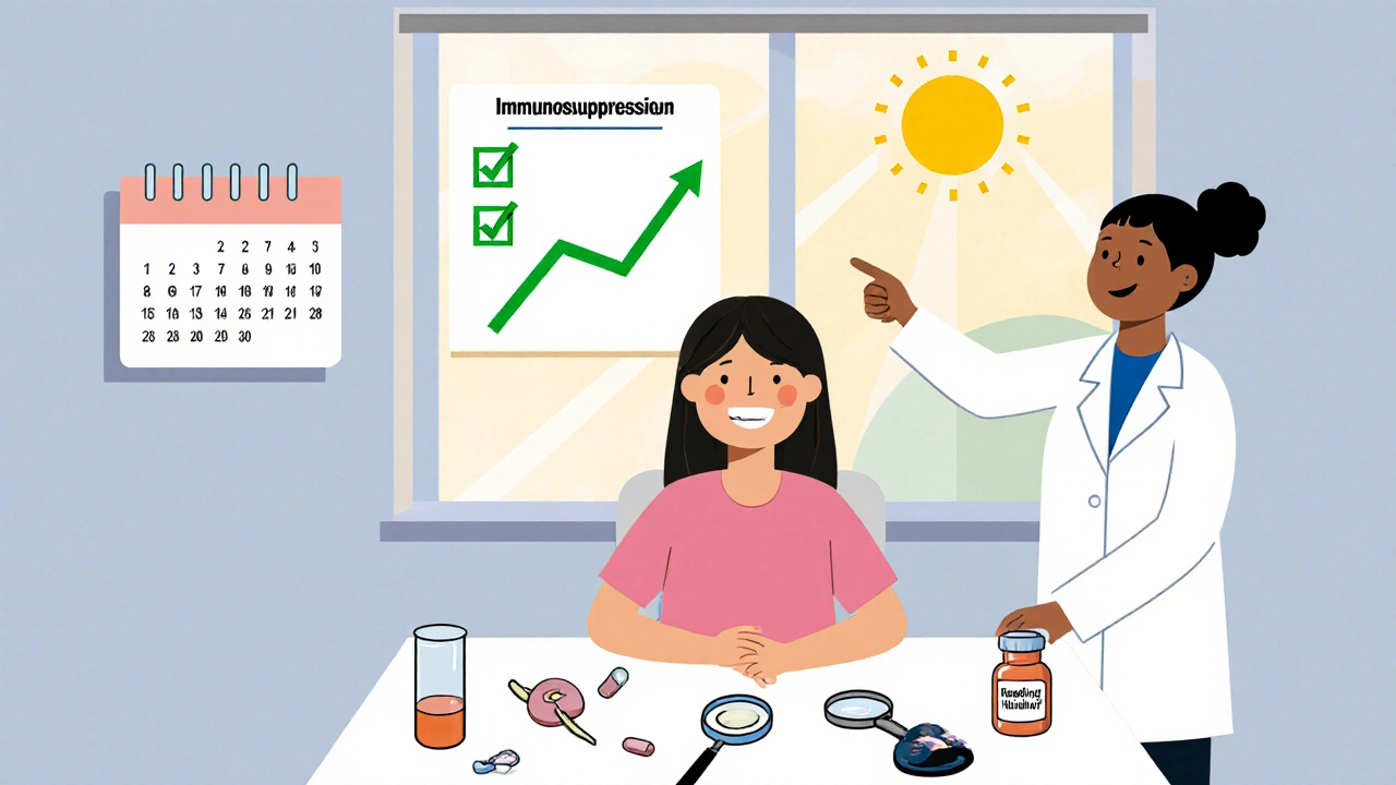 Cartoon clinic with patient, lab icons, doctor, and checklist for transplant monitoring.