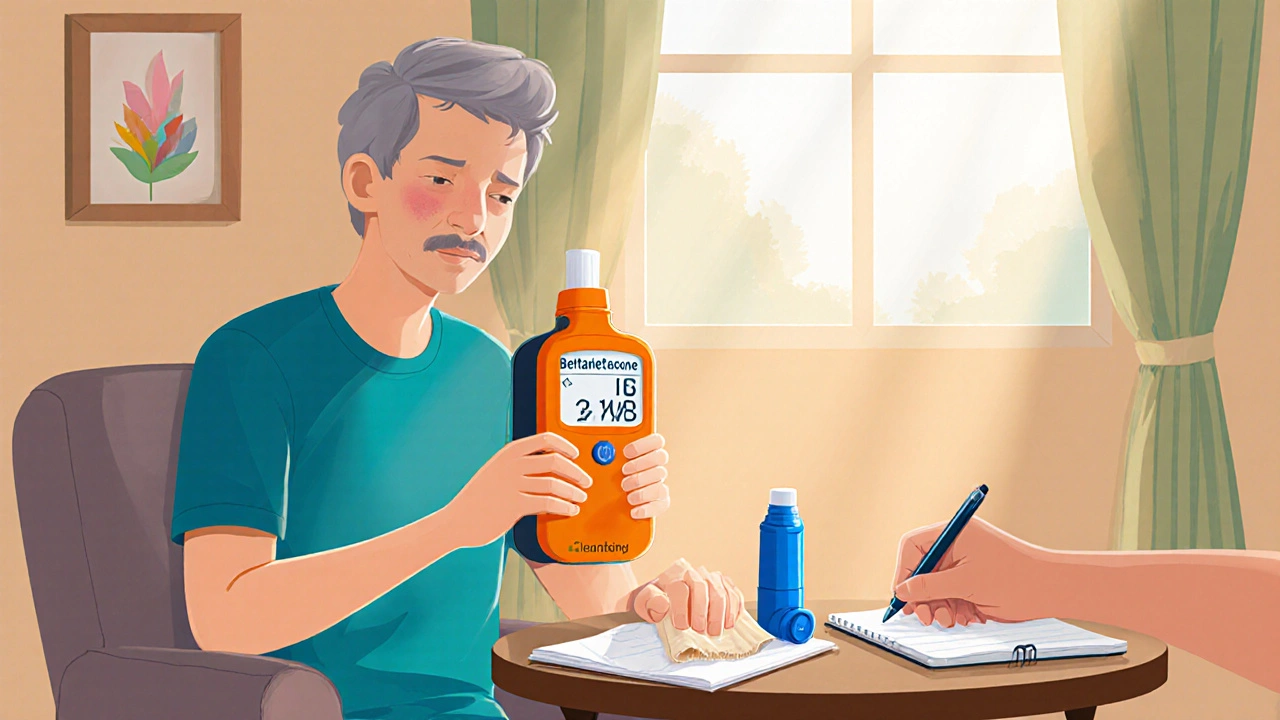Cartoon person checking peak flow, cleaning inhaler, and noting usage in a diary.