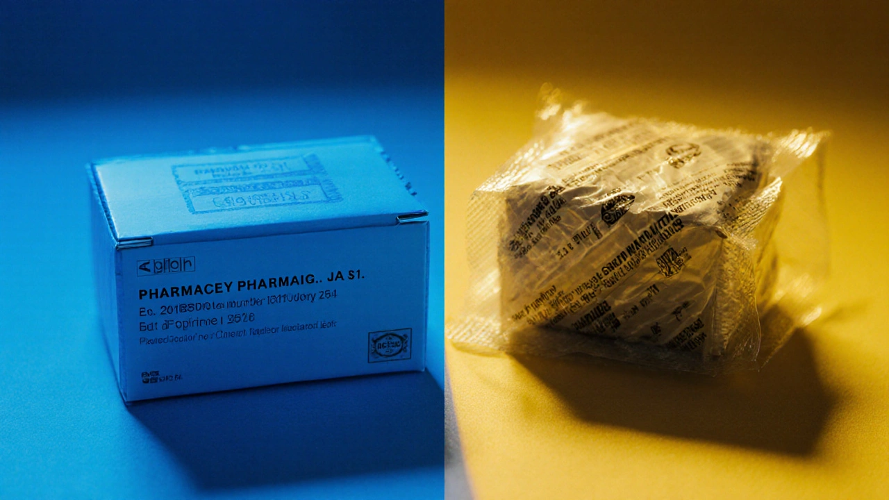 Comparison of a legit pharmacy box versus a suspicious unmarked parcel.