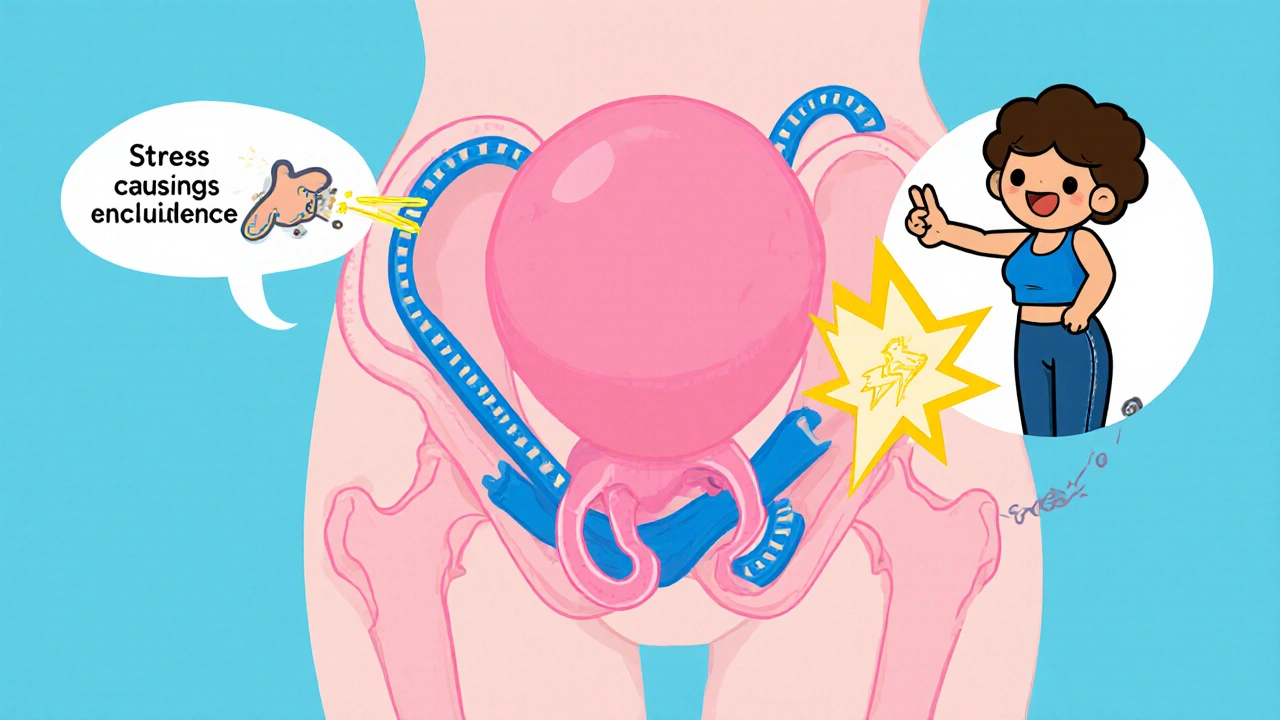 Cross‑section of pelvis showing bladder, pelvic floor muscles and Kegel exercise action.