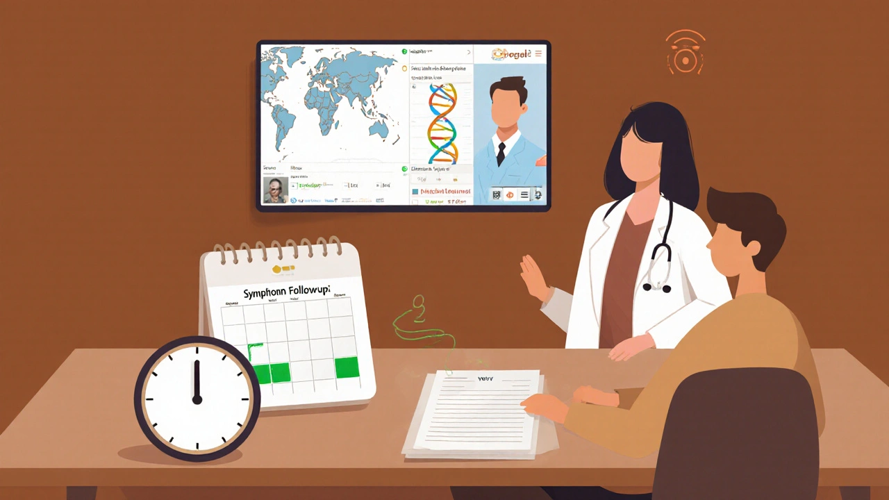 Doctor and patient in video call with genetic chart and holiday calendar on screen.
