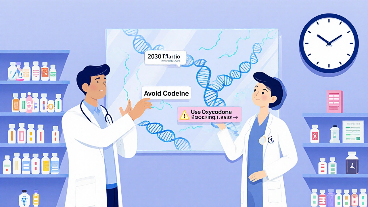 Doctor and pharmacist reviewing a digital genetic profile with automated drug alerts in a futuristic clinic.