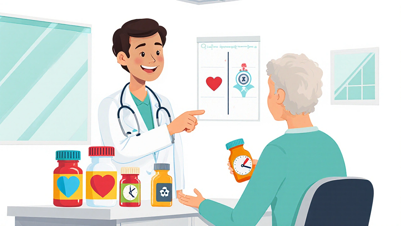 Doctor showing cartoon pill bottles with heart and pancreas icons to patient.