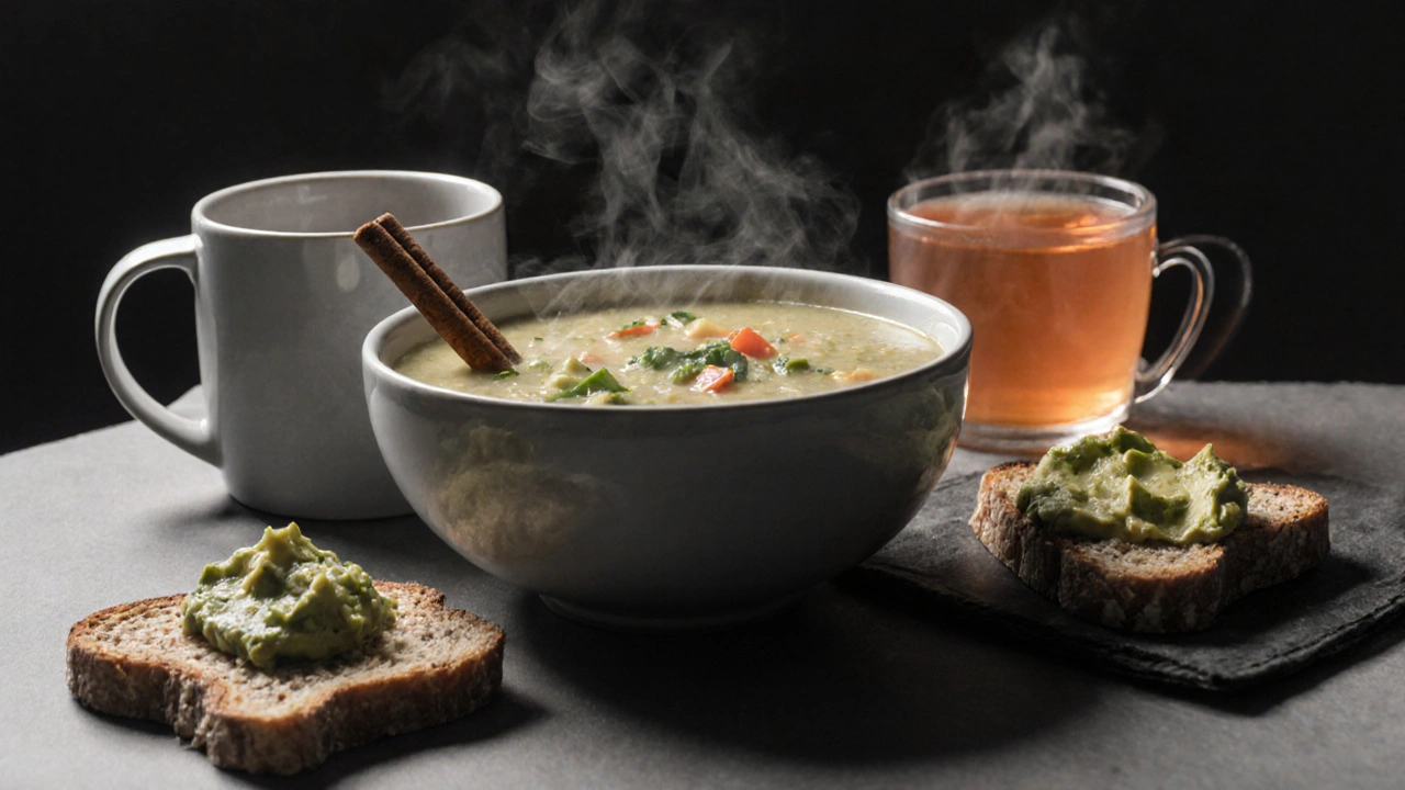 Evening meal with soup, oatmeal, toast with avocado, and ginger tea in grayscale with orange steam.