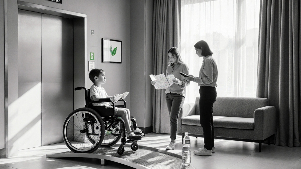 Family in hotel lobby; child in wheelchair, parents nearby, resting area visible.