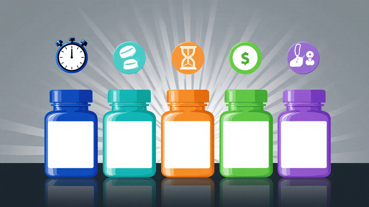 Five pill bottles with colored halos and icons for onset, duration, and cost, arranged for visual comparison.