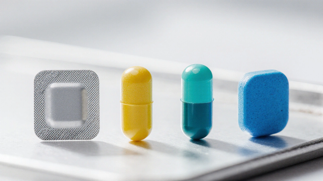 Four Alzheimer’s drugs displayed on a white surface: patch, Donepezil tablet, Galantamine capsule, Memantine tablet.