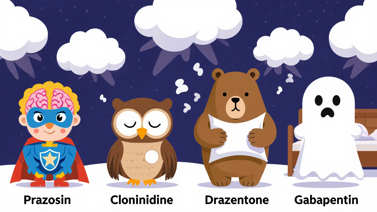 Four cartoon medications compared, each with unique traits beside a bed.