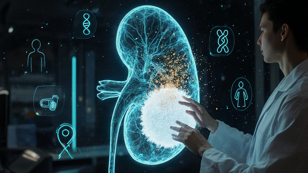 Futuristic lab with holographic kidney, gold nanoparticles, and glowing ice ball indicating advanced cryoablation research.