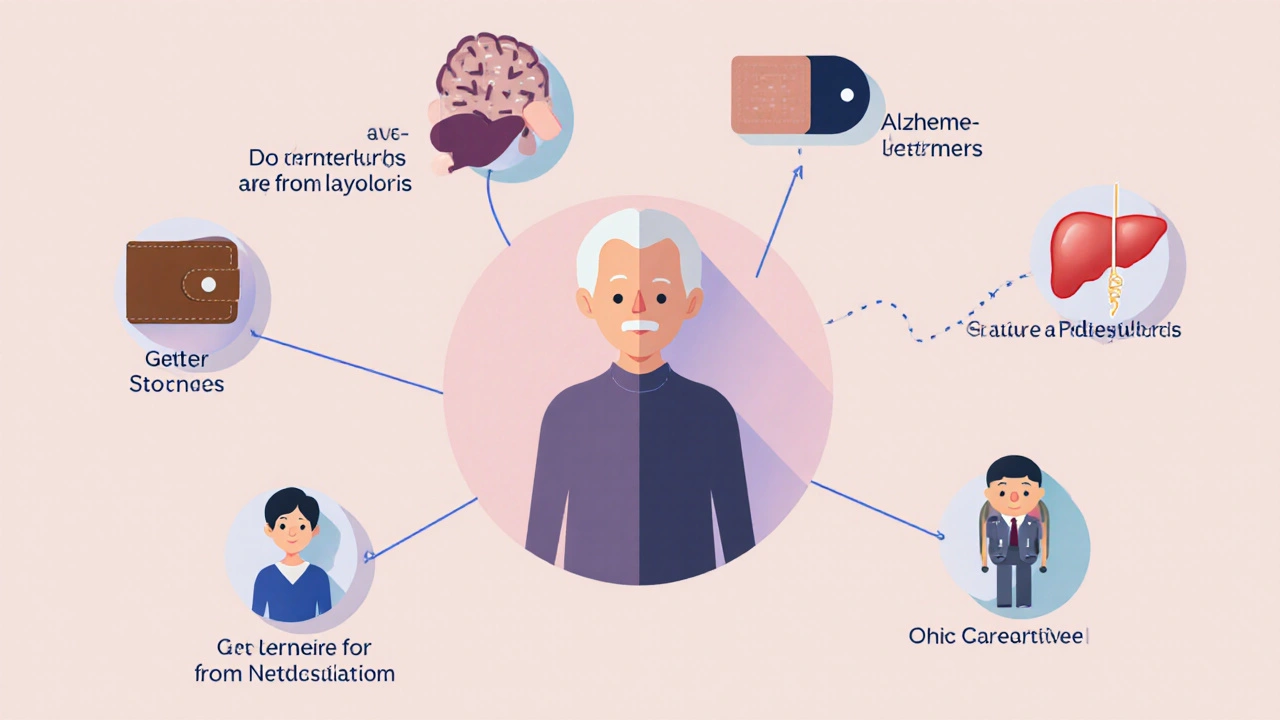 Illustration of icons for cost, skin, stomach, liver, and caregiver surrounding a patient silhouette.