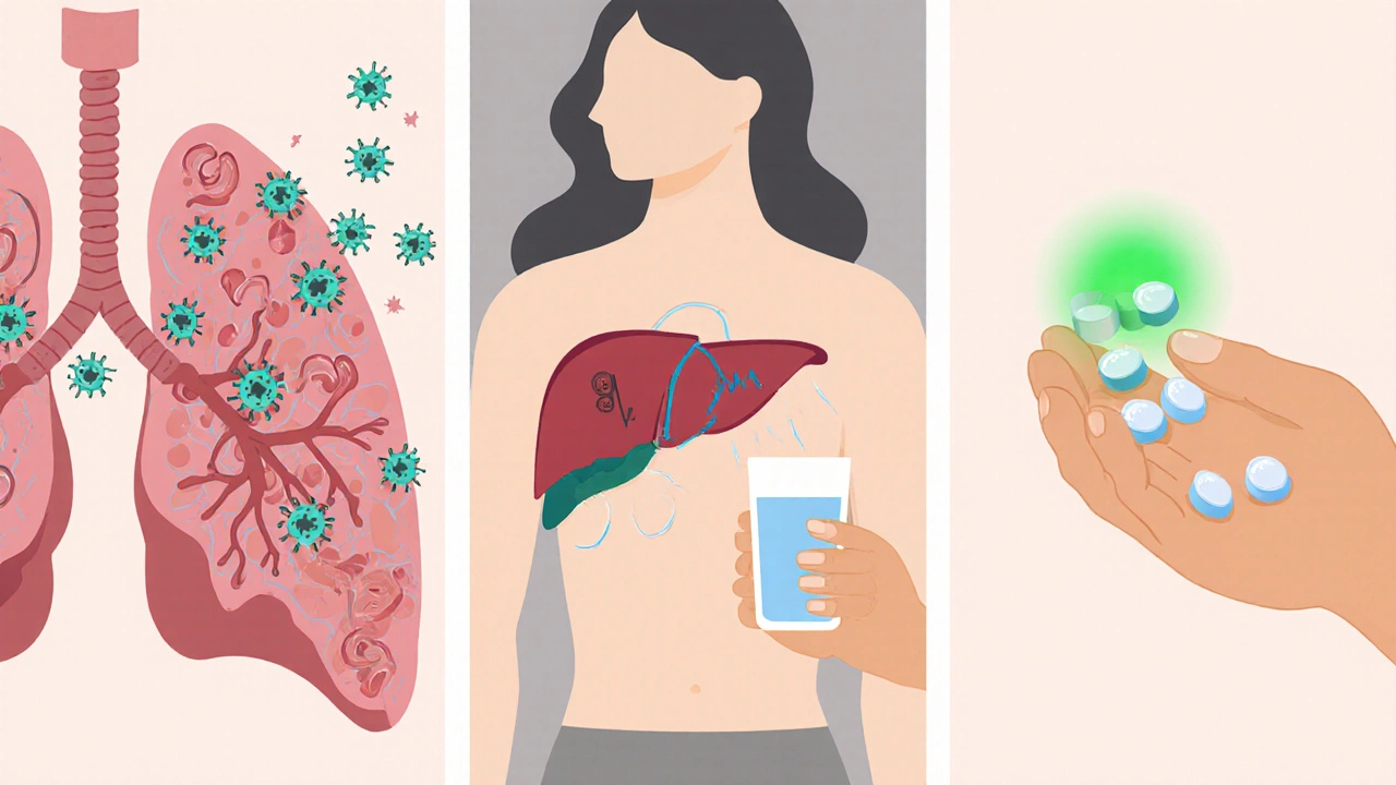 Illustration showing lung infection, heart ECG, liver, and a hand taking a single Rulide pill versus multiple pills.
