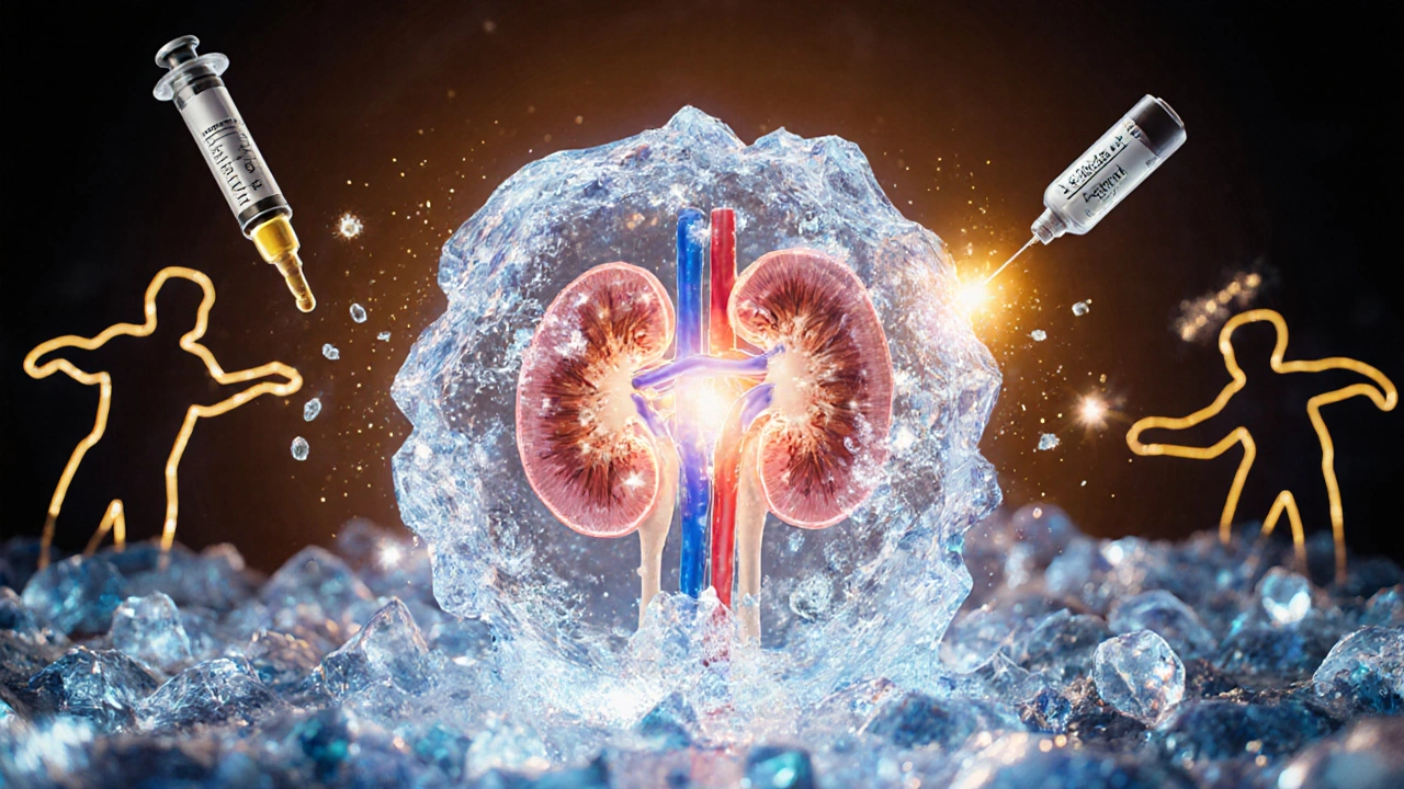 Kidney with frozen tumor releasing antigen particles, surrounded by active T‑cells and a checkpoint inhibitor syringe.