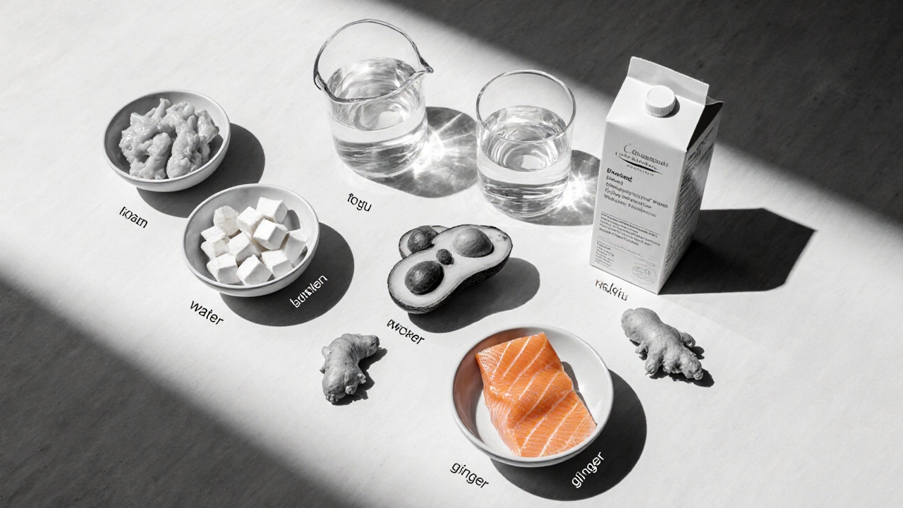 Kitchen counter displaying bowls of protein, water, avocado, salmon, and milk in grayscale with amber highlight.