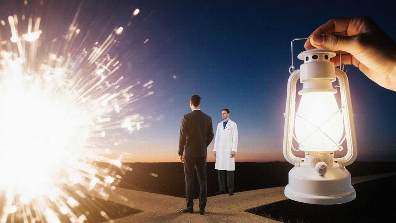 Man at a twilight crossroads choosing between quick‑onset spark and long‑lasting lantern, with a doctor silhouette nearby.