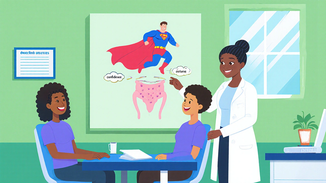 Medical professional guiding a couple through pelvic floor exercises in a bright clinic.
