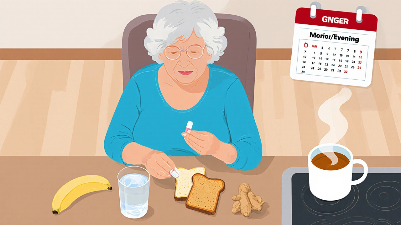 Middle‑aged woman eats a banana snack, drinks ginger tea and water while holding atenolol.