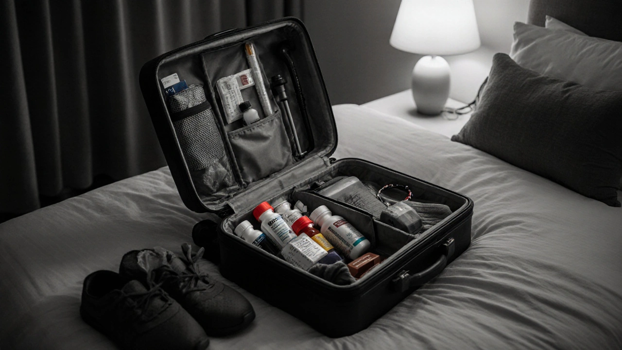 Open suitcase displaying an organized arthritis travel kit with medication.