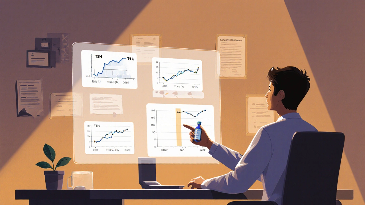 Patient and doctor reviewing holographic thyroid lab results in an office.
