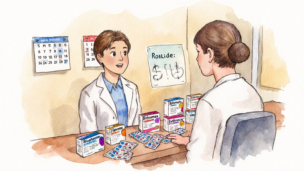 Patient and pharmacist at checkout with various antibiotic packs, price tags, and a calendar indicating treatment durations.