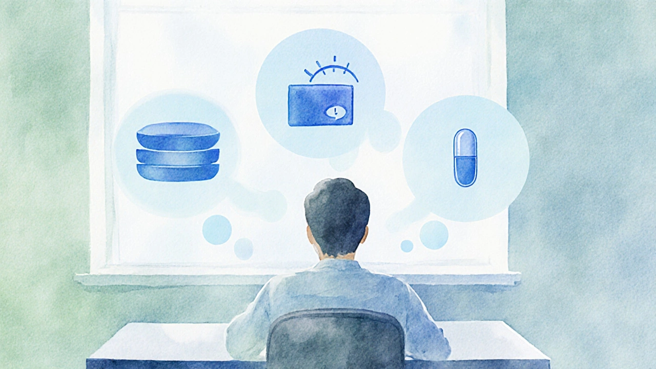 Patient at clinic contemplating three floating tablet options, symbolizing convenience, cost, and side effects.