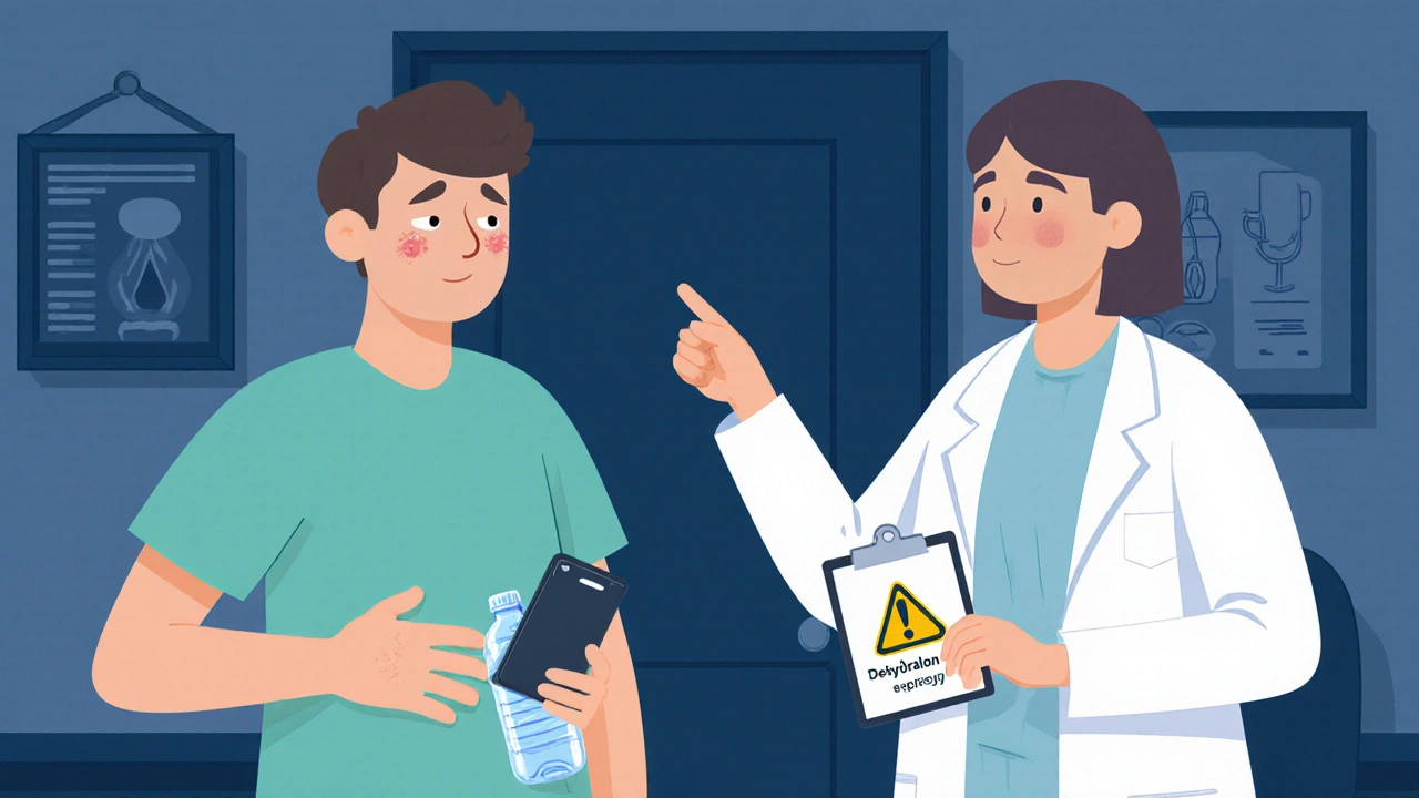 Patient with stomach pain talks to doctor about dehydration and nausea.