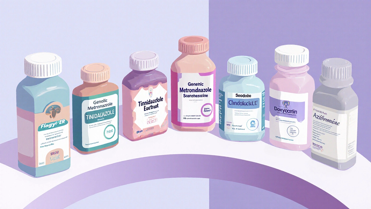 Pharmacy shelf showing seven differently shaped pill bottles representing various antibiotics.