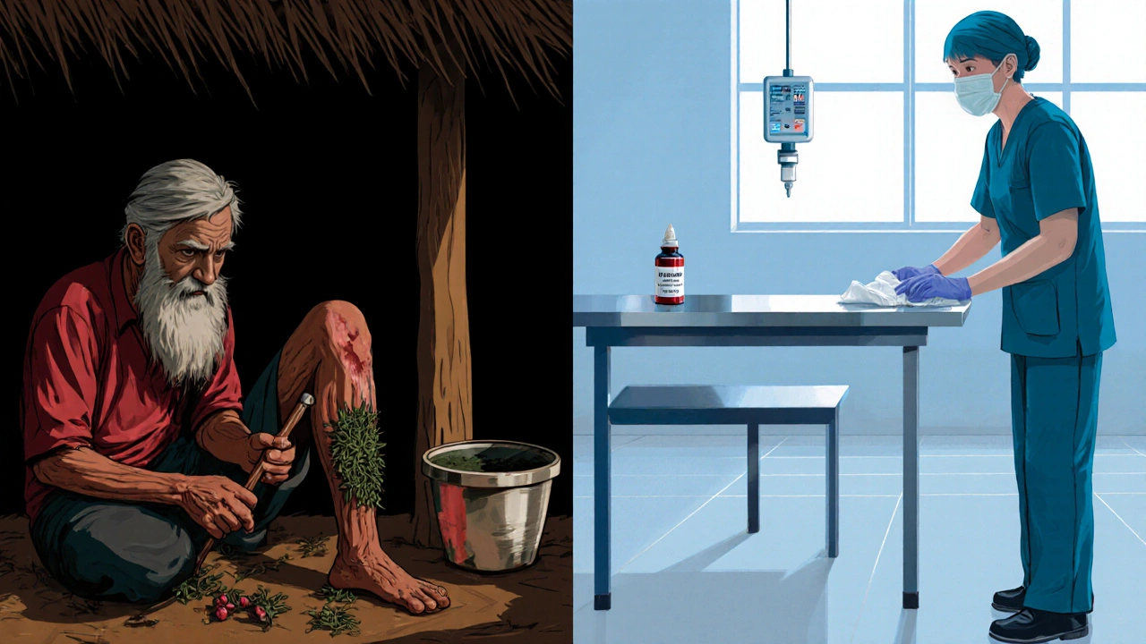 Side‑by‑side view of herbal poultice wound care and sterile clinic treatment.