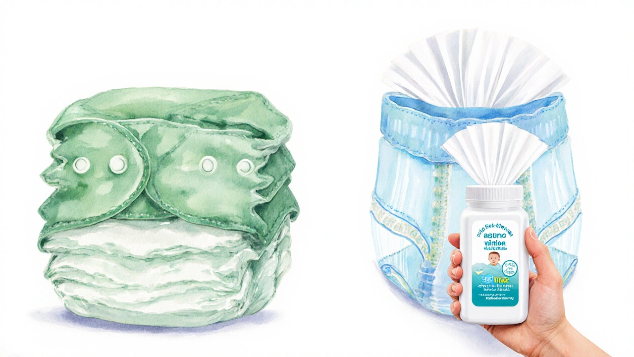 Side‑by‑side watercolor of a dense standard diaper and an airy breathable diaper with wipes nearby.