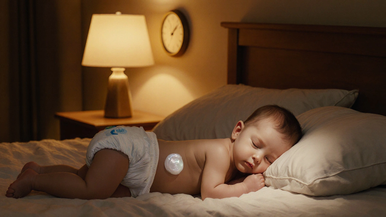 Sleeping baby in a breathable night diaper with zinc oxide cream applied, under a soft lamp.