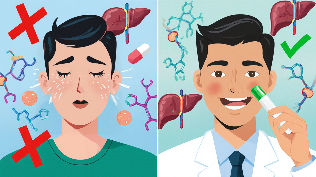 Split scene showing negative and positive reactions to antidepressants with animated liver enzymes.