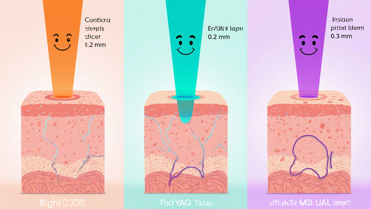 Three cartoon panels showing CO₂, Er:YAG, and Nd:YAG lasers penetrating skin at different depths.