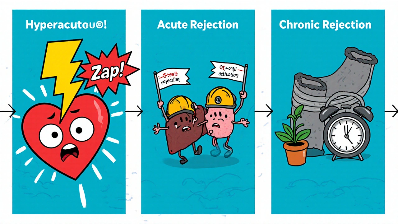 Three‑panel cartoon timeline of hyperacute, acute, and chronic rejection.