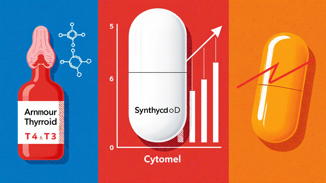 Three-panel medical illustration comparing Armour, Synthroid, and Cytomel tablets.