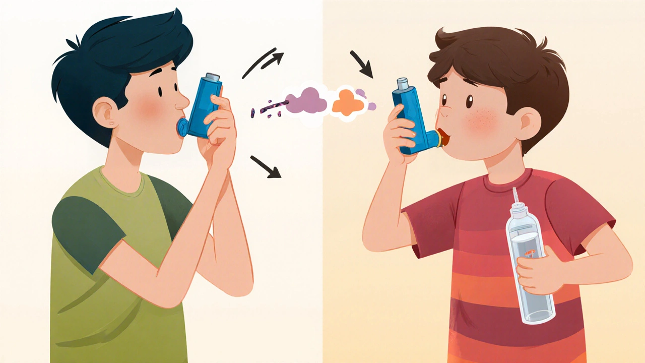 Two cartoon characters demonstrating DPI and MDI with spacer techniques.