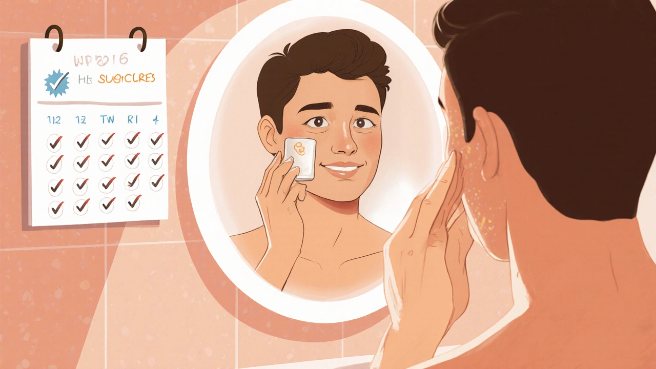 Young adult applying moisturizer and sunscreen after laser treatment, with a calendar showing recovery weeks.