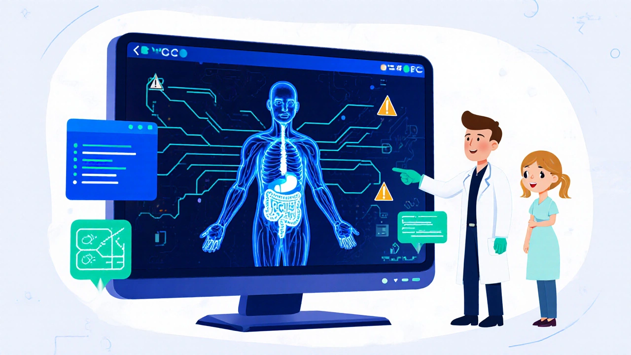 A computer simulation showing a drug&#039;s path through a human body, with glowing pathways and warning signs for NTI drug safety.