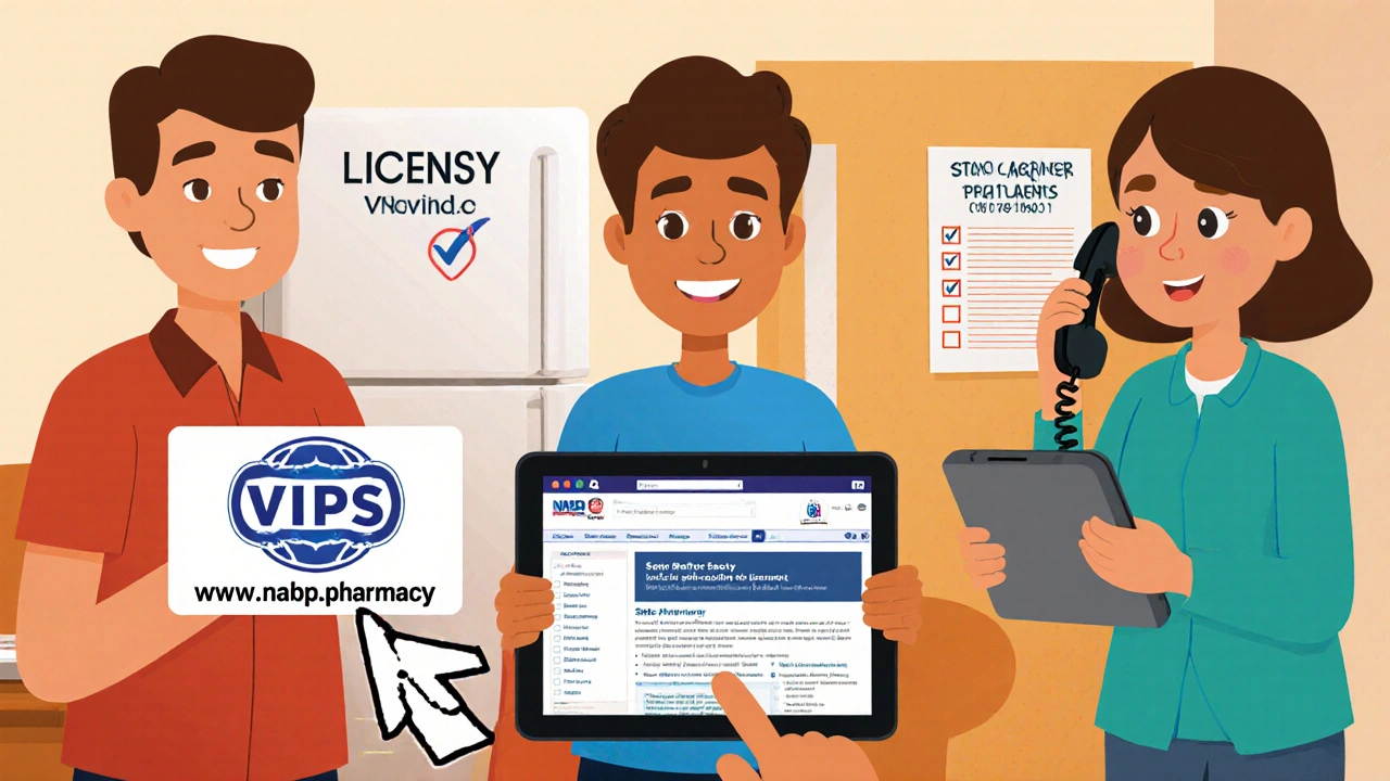 A family verifying an online pharmacy using three methods: clicking VIPPS, checking state database, and calling a pharmacist.