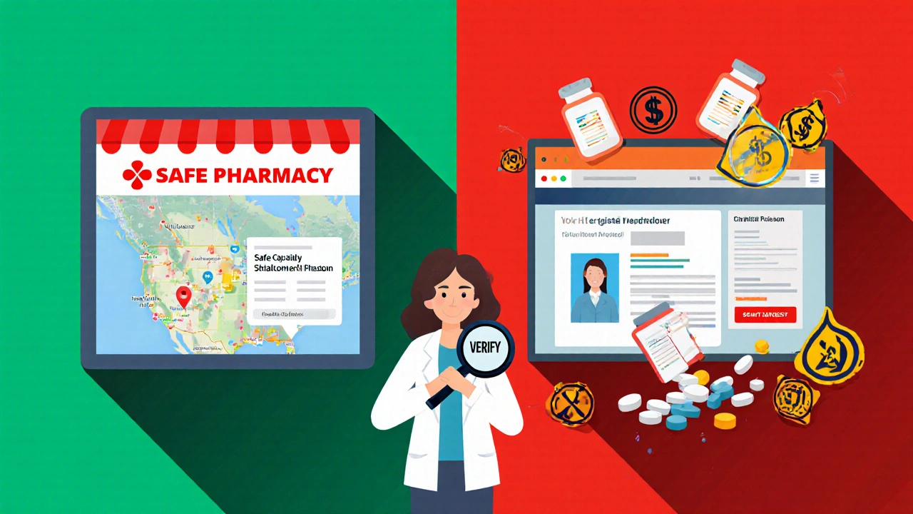 A split scene showing a safe pharmacy vs. a fake one, with a woman using a magnifying glass to verify legitimacy.