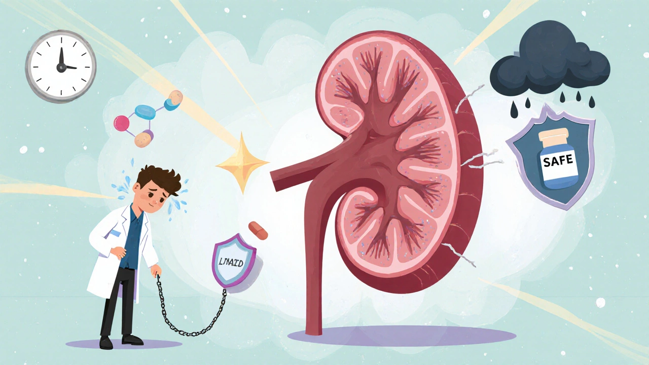 A tired kidney worker struggles under lithium chains and NSAID storm while a tiny acetaminophen pill shines as a hero.