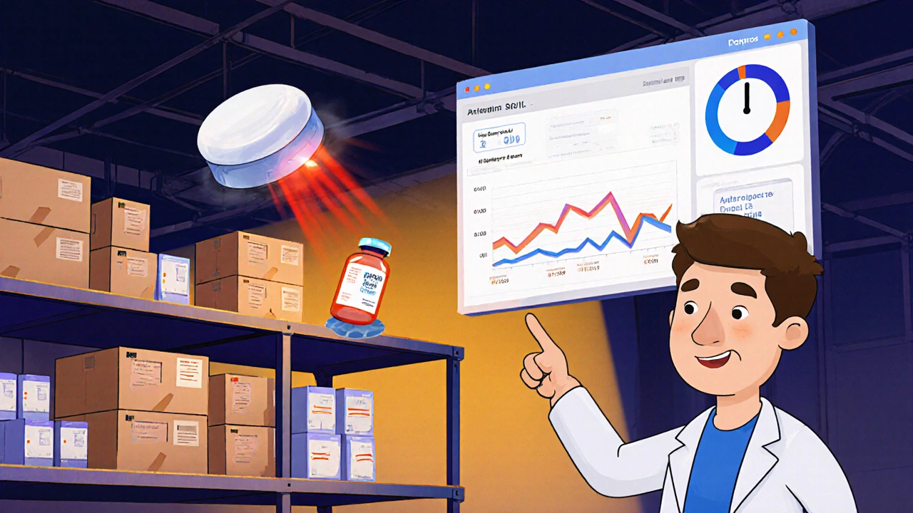 A warehouse with glowing sensors monitoring medicine shipments, guided by an AI dashboard showing demand spikes.