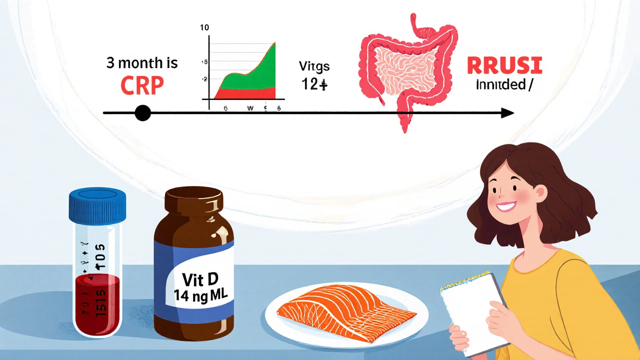 Blood test and supplement next to salmon, with timeline showing improved colon health over time.