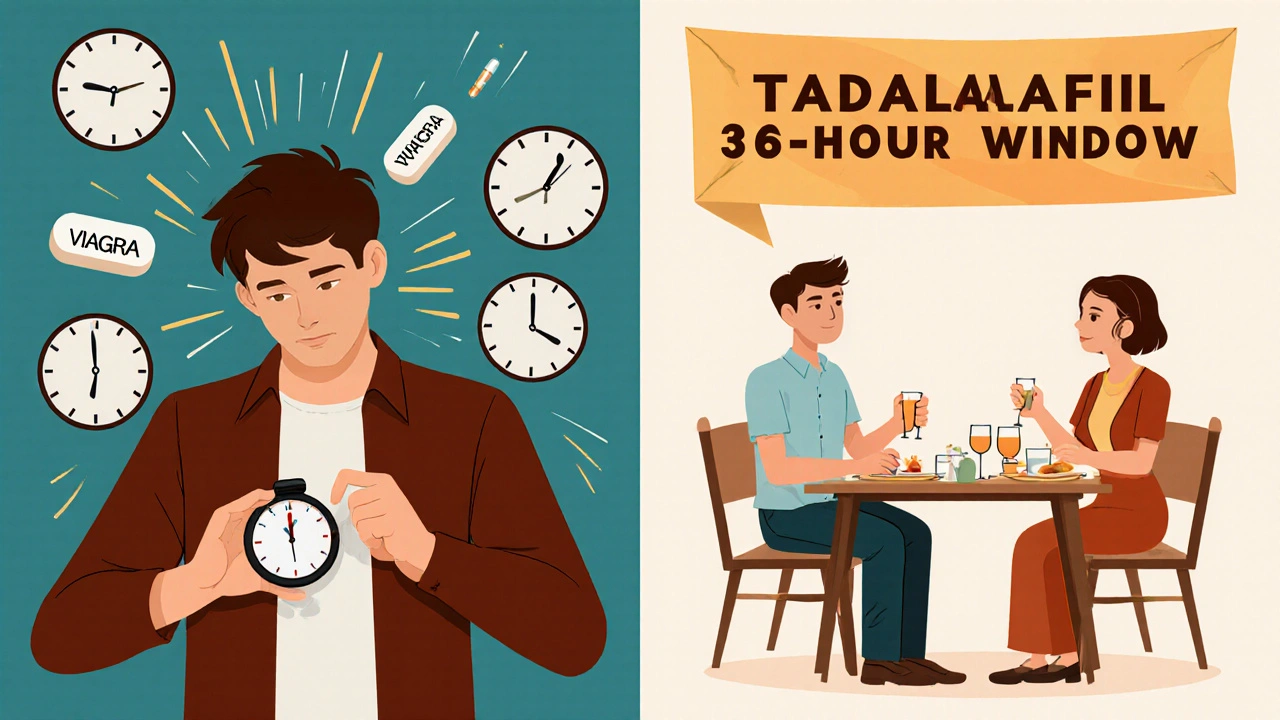 Cartoon comparison of stressed Viagra user vs. relaxed tadalafil user with time symbols