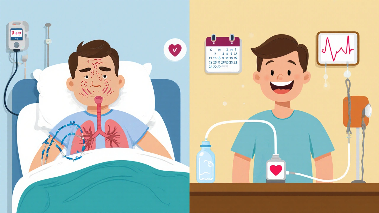 Cartoon comparison: painful hospital procedure vs. peaceful home drainage with catheter.