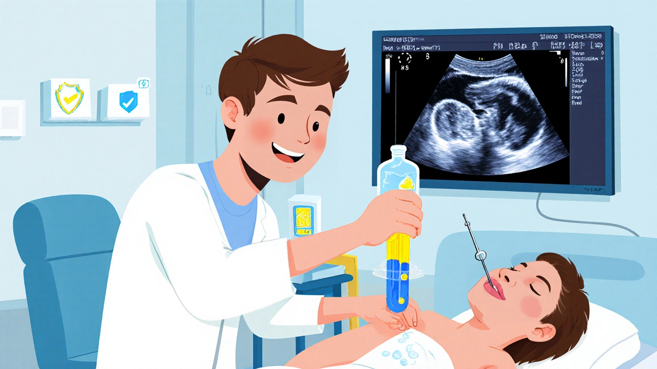 Cartoon showing safe thoracentesis with ultrasound guidance and fluid draining into a bottle.