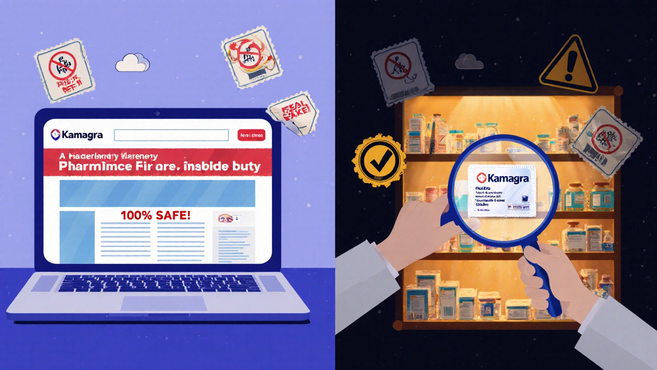Contrasting shady online pharmacy with verified pharmacy showing fake vs real Kamagra packaging.