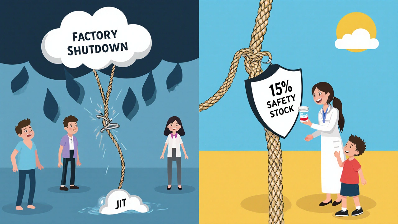 Contrasting supply chains: one snapping under pressure, the other strong with a safety buffer protecting patients.